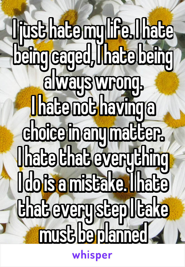 I just hate my life. I hate being caged, I hate being always wrong.
I hate not having a choice in any matter.
I hate that everything I do is a mistake. I hate that every step I take must be planned