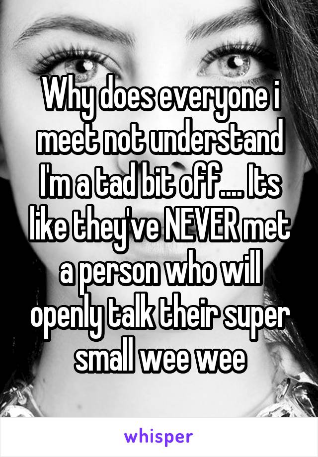 Why does everyone i meet not understand I'm a tad bit off.... Its like they've NEVER met a person who will openly talk their super small wee wee