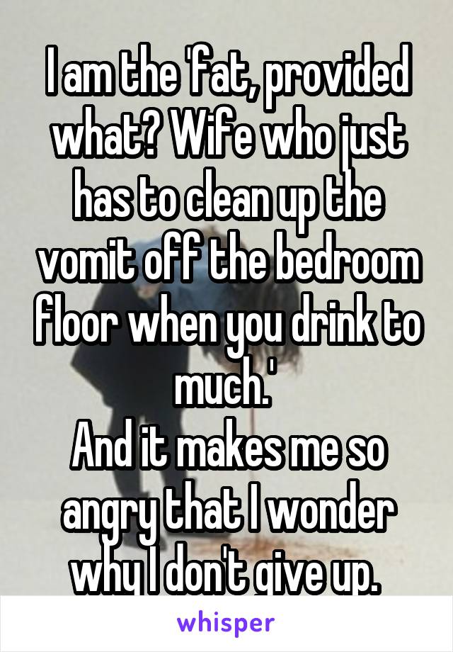 I am the 'fat, provided what? Wife who just has to clean up the vomit off the bedroom floor when you drink to much.' 
And it makes me so angry that I wonder why I don't give up. 