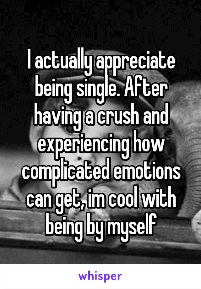 I actually appreciate being single. After having a crush and experiencing how complicated emotions can get, im cool with being by myself