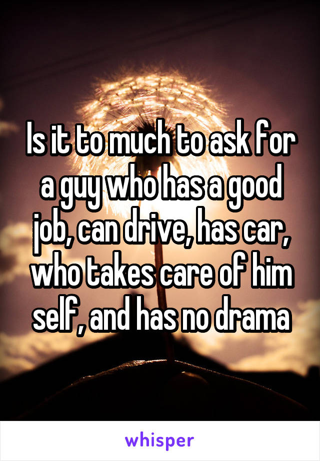 Is it to much to ask for a guy who has a good job, can drive, has car, who takes care of him self, and has no drama