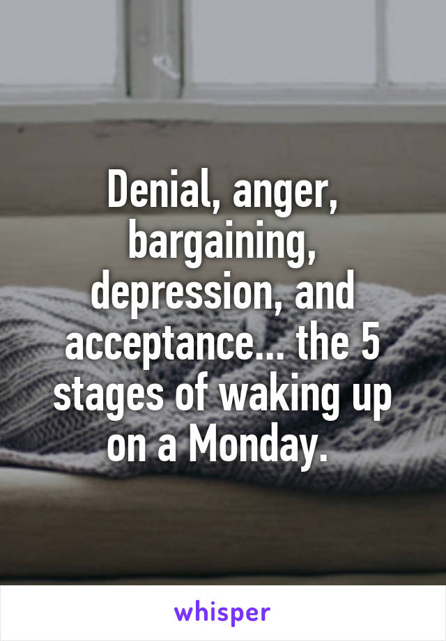 Denial, anger, bargaining, depression, and acceptance... the 5 stages of waking up on a Monday. 