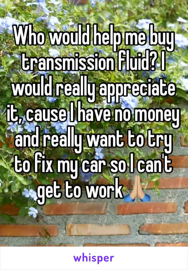 Who would help me buy transmission fluid? I would really appreciate it, cause I have no money and really want to try to fix my car so I can't get to work🙏🏼 