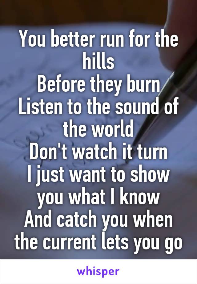 You better run for the hills
Before they burn
Listen to the sound of the world
Don't watch it turn
I just want to show you what I know
And catch you when the current lets you go