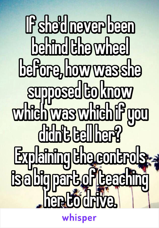 If she'd never been behind the wheel before, how was she supposed to know which was which if you didn't tell her? Explaining the controls is a big part of teaching her to drive.