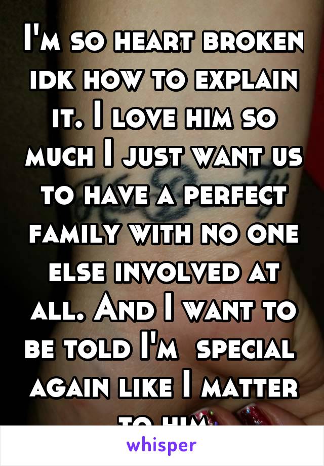 I'm so heart broken idk how to explain it. I love him so much I just want us to have a perfect family with no one else involved at all. And I want to be told I'm  special  again like I matter to him