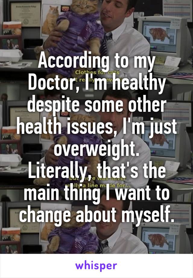 According to my Doctor, I'm healthy despite some other health issues, I'm just overweight.
Literally, that's the main thing I want to change about myself.