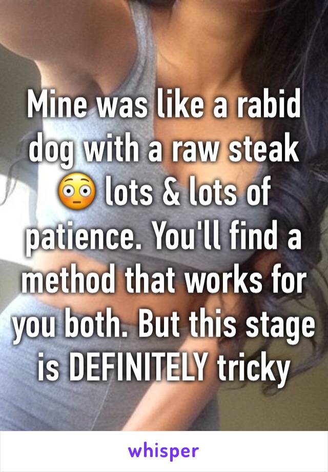 Mine was like a rabid dog with a raw steak 😳 lots & lots of patience. You'll find a method that works for you both. But this stage is DEFINITELY tricky 