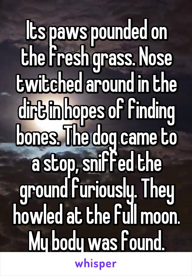 Its paws pounded on the fresh grass. Nose twitched around in the dirt in hopes of finding bones. The dog came to a stop, sniffed the ground furiously. They howled at the full moon. My body was found.