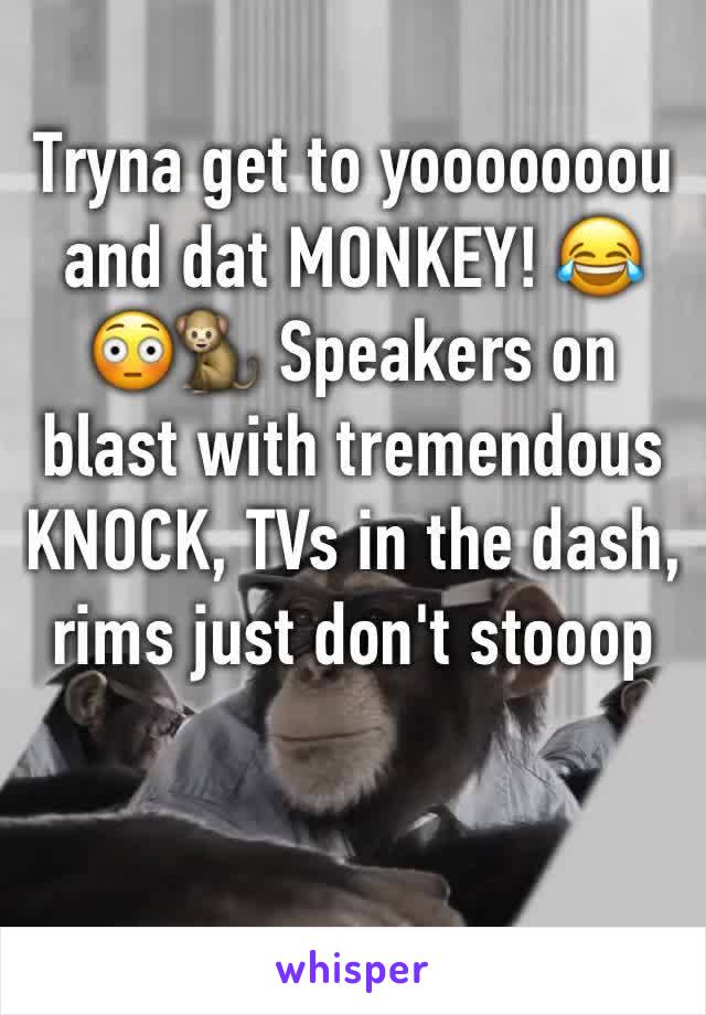 Tryna get to yooooooou and dat MONKEY! 😂😳🐒 Speakers on blast with tremendous KNOCK, TVs in the dash, rims just don't stooop 