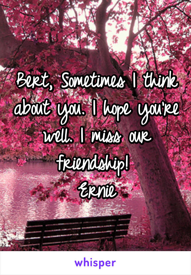 Bert, Sometimes I think about you. I hope you're well. I miss our friendship! 
Ernie