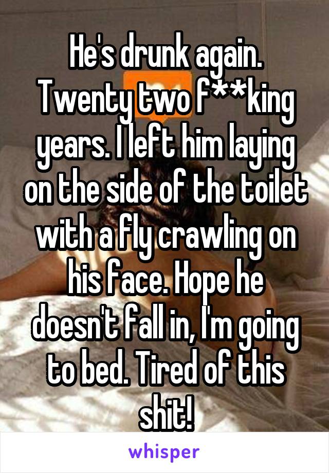 He's drunk again. Twenty two f**king years. I left him laying on the side of the toilet with a fly crawling on his face. Hope he doesn't fall in, I'm going to bed. Tired of this shit!