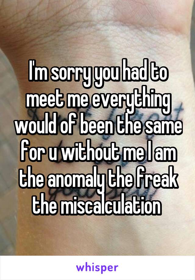 I'm sorry you had to meet me everything would of been the same for u without me I am the anomaly the freak the miscalculation 