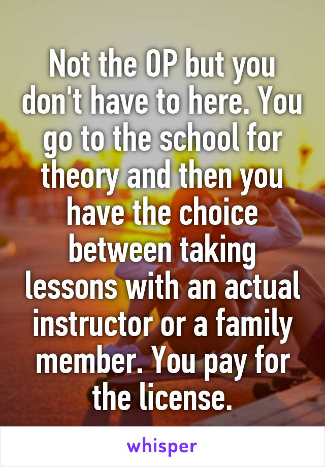 Not the OP but you don't have to here. You go to the school for theory and then you have the choice between taking lessons with an actual instructor or a family member. You pay for the license.