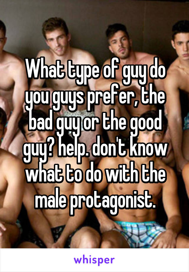 What type of guy do you guys prefer, the bad guy or the good guy? help. don't know what to do with the male protagonist.