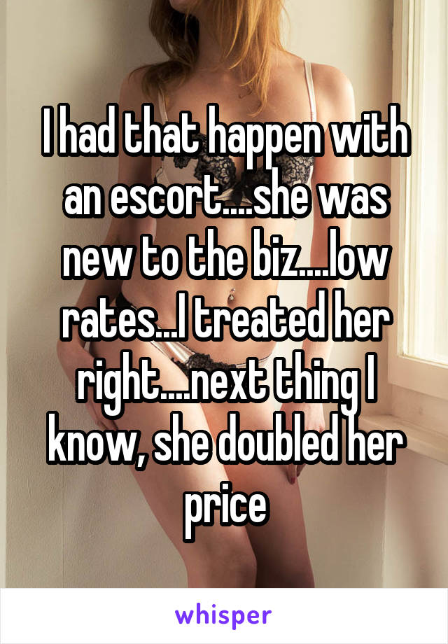 I had that happen with an escort....she was new to the biz....low rates...I treated her right....next thing I know, she doubled her price