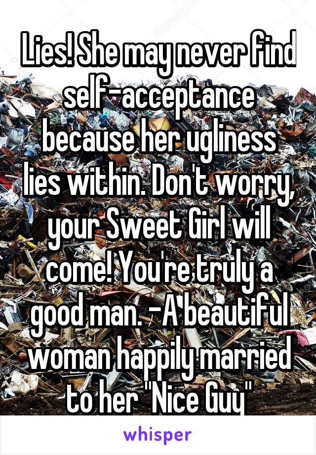 Lies! She may never find self-acceptance because her ugliness lies within. Don't worry, your Sweet Girl will come! You're truly a good man. -A beautiful woman happily married to her "Nice Guy"