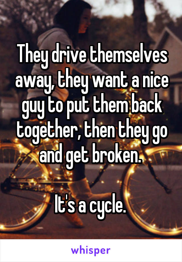 They drive themselves away, they want a nice guy to put them back together, then they go and get broken. 

It's a cycle. 