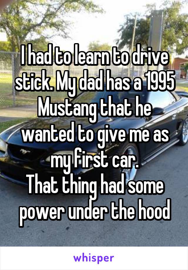 I had to learn to drive stick. My dad has a 1995 Mustang that he wanted to give me as my first car.
That thing had some power under the hood