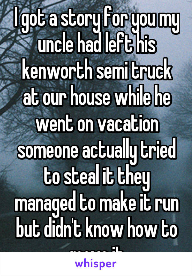  I got a story for you my uncle had left his kenworth semi truck at our house while he went on vacation someone actually tried to steal it they managed to make it run but didn't know how to move it