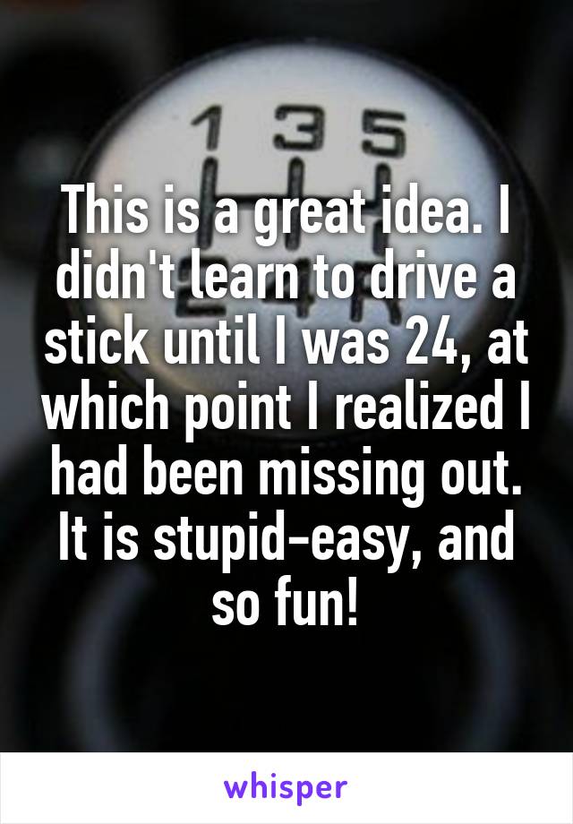 This is a great idea. I didn't learn to drive a stick until I was 24, at which point I realized I had been missing out. It is stupid-easy, and so fun!