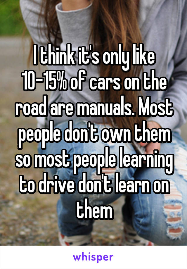 I think it's only like 10-15% of cars on the road are manuals. Most people don't own them so most people learning to drive don't learn on them