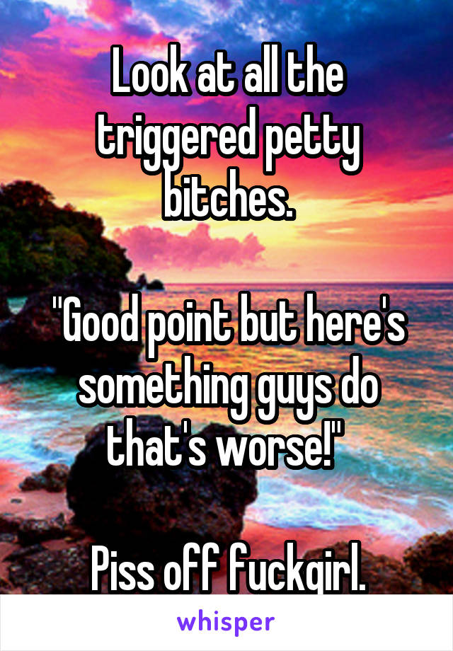 Look at all the triggered petty bitches.

"Good point but here's something guys do that's worse!" 

Piss off fuckgirl.