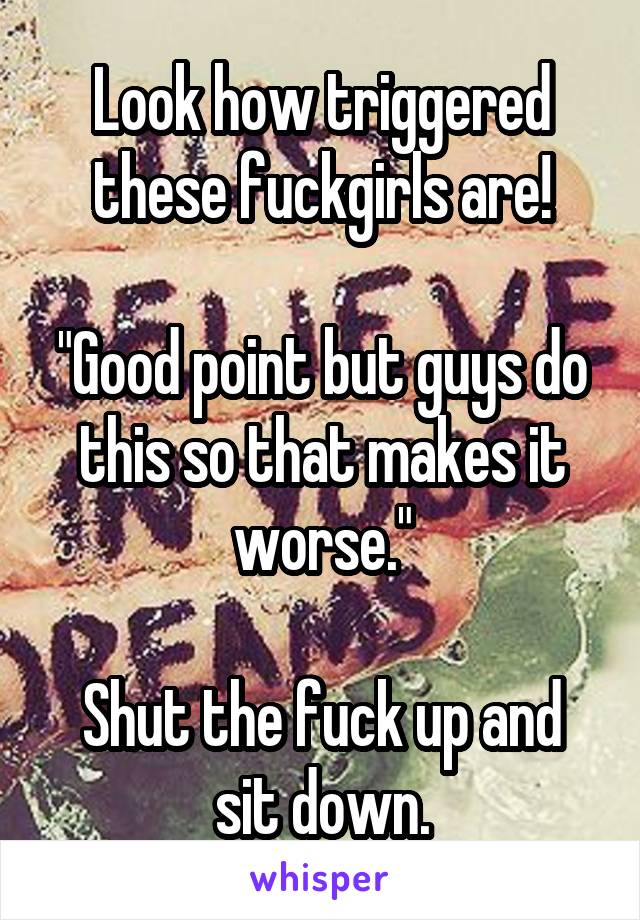 Look how triggered these fuckgirls are!

"Good point but guys do this so that makes it worse."

Shut the fuck up and sit down.