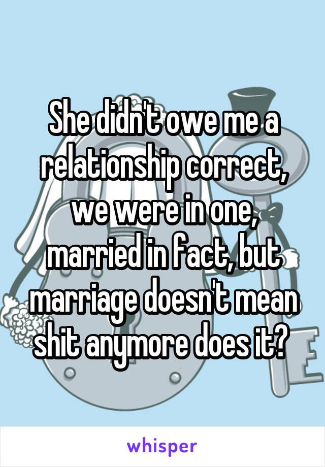  She didn't owe me a relationship correct, we were in one, married in fact, but marriage doesn't mean shit anymore does it? 