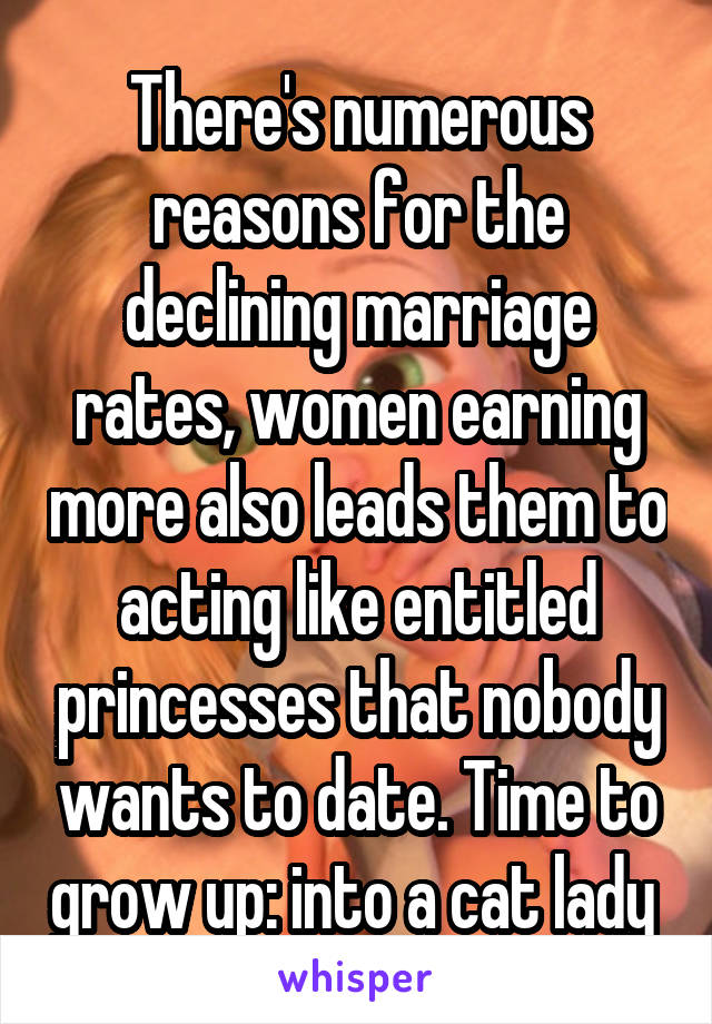 There's numerous reasons for the declining marriage rates, women earning more also leads them to acting like entitled princesses that nobody wants to date. Time to grow up: into a cat lady 