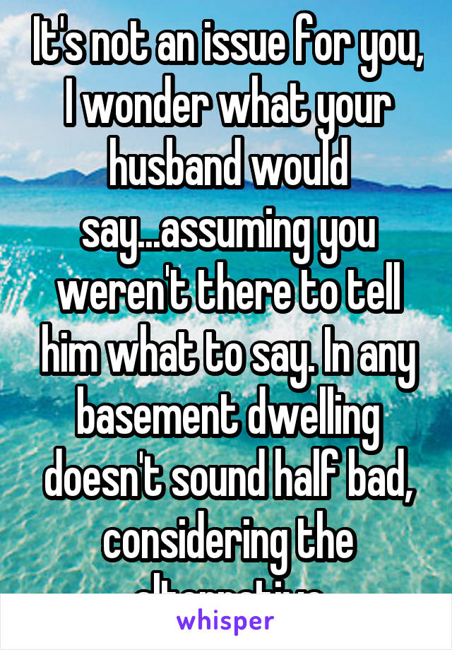 It's not an issue for you, I wonder what your husband would say...assuming you weren't there to tell him what to say. In any basement dwelling doesn't sound half bad, considering the alternative