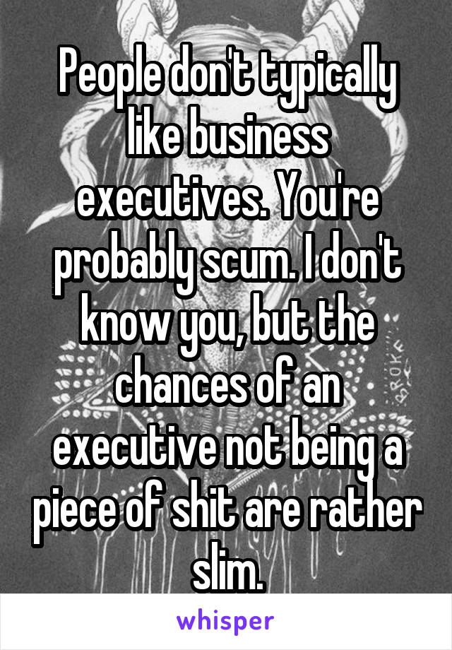 People don't typically like business executives. You're probably scum. I don't know you, but the chances of an executive not being a piece of shit are rather slim.