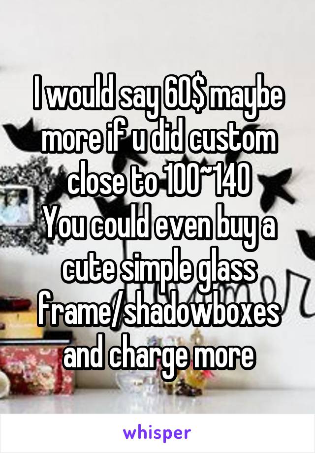 I would say 60$ maybe more if u did custom close to 100~140
You could even buy a cute simple glass frame/shadowboxes and charge more