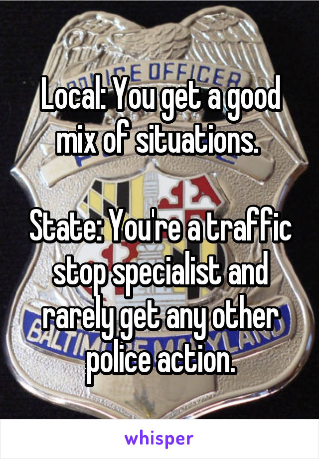 Local: You get a good mix of situations. 

State: You're a traffic stop specialist and rarely get any other police action.