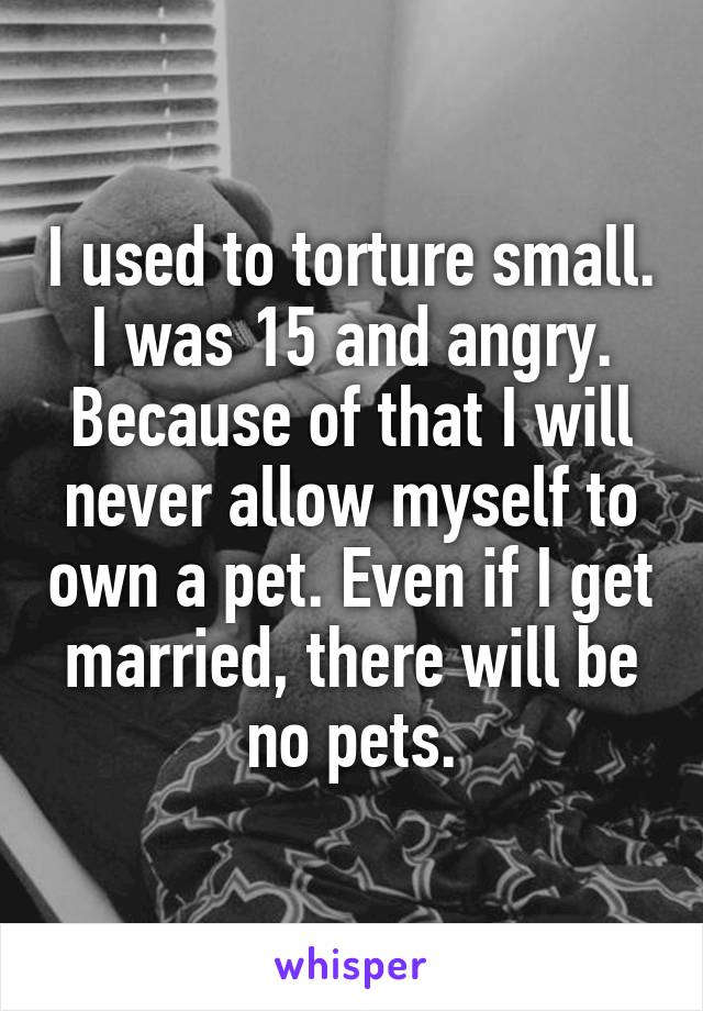 I used to torture small. I was 15 and angry. Because of that I will never allow myself to own a pet. Even if I get married, there will be no pets.