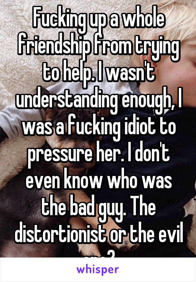 Fucking up a whole friendship from trying to help. I wasn't understanding enough, I was a fucking idiot to pressure her. I don't even know who was the bad guy. The distortionist or the evil one?