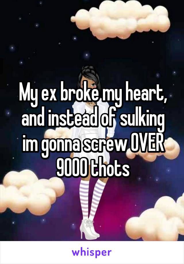 My ex broke my heart, and instead of sulking im gonna screw OVER 9000 thots