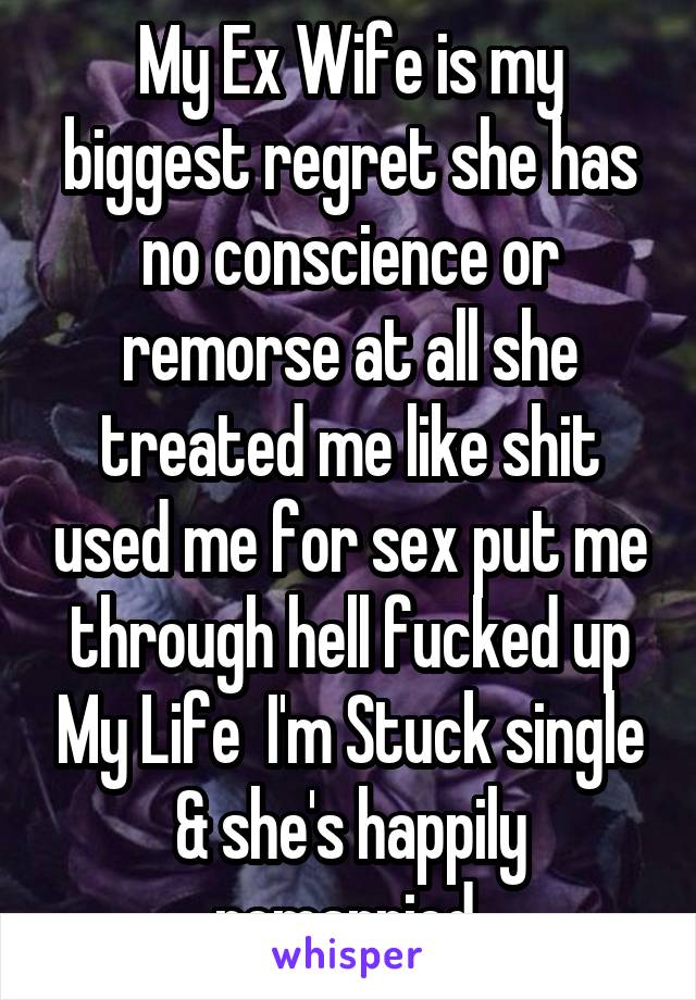 My Ex Wife is my biggest regret she has no conscience or remorse at all she treated me like shit used me for sex put me through hell fucked up My Life  I'm Stuck single & she's happily remarried 