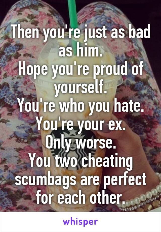Then you're just as bad as him.
Hope you're proud of yourself.
You're who you hate.
You're your ex.
Only worse.
You two cheating scumbags are perfect for each other.