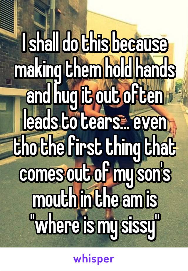 I shall do this because making them hold hands and hug it out often leads to tears... even tho the first thing that comes out of my son's mouth in the am is "where is my sissy"