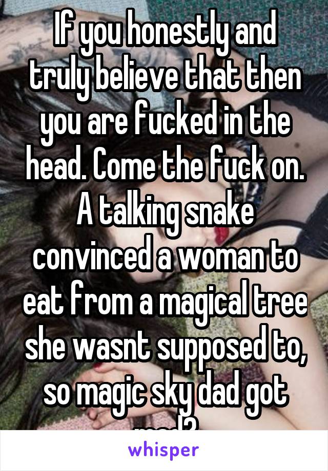 If you honestly and truly believe that then you are fucked in the head. Come the fuck on. A talking snake convinced a woman to eat from a magical tree she wasnt supposed to, so magic sky dad got mad?