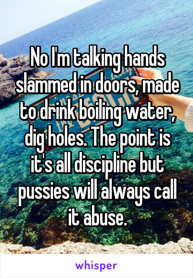 No I'm talking hands slammed in doors, made to drink boiling water, dig holes. The point is it's all discipline but pussies will always call it abuse.