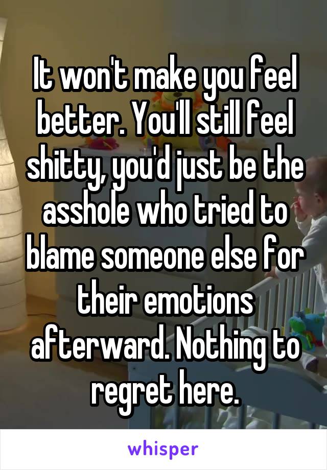 It won't make you feel better. You'll still feel shitty, you'd just be the asshole who tried to blame someone else for their emotions afterward. Nothing to regret here.