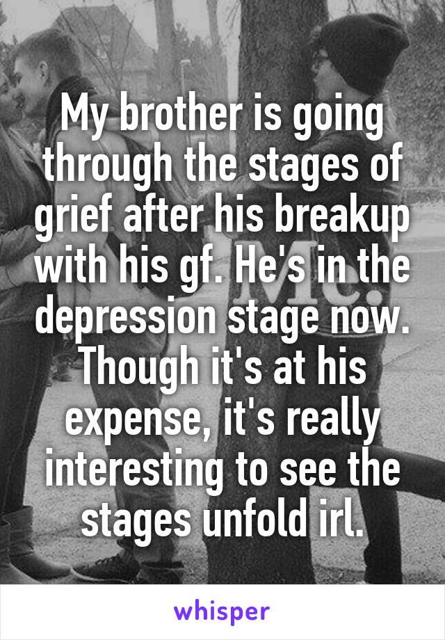 My brother is going through the stages of grief after his breakup with his gf. He's in the depression stage now. Though it's at his expense, it's really interesting to see the stages unfold irl.