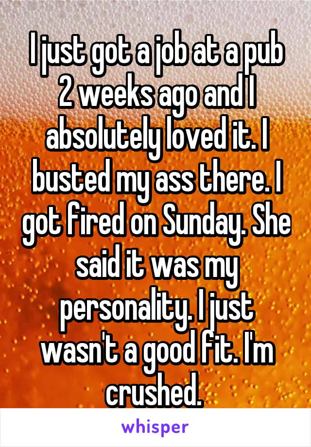 I just got a job at a pub 2 weeks ago and I absolutely loved it. I busted my ass there. I got fired on Sunday. She said it was my personality. I just wasn't a good fit. I'm crushed. 