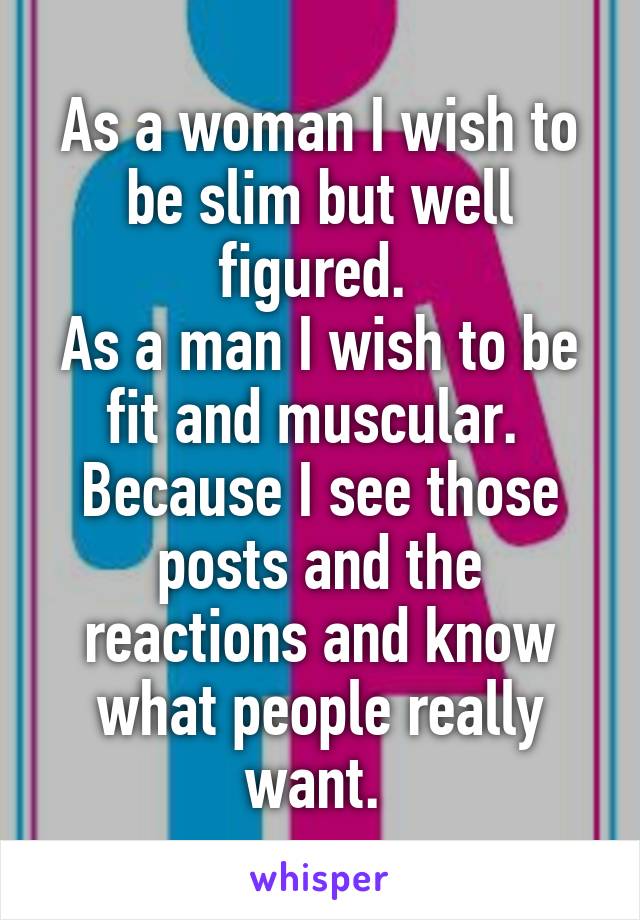 As a woman I wish to be slim but well figured. 
As a man I wish to be fit and muscular. 
Because I see those posts and the reactions and know what people really want. 
