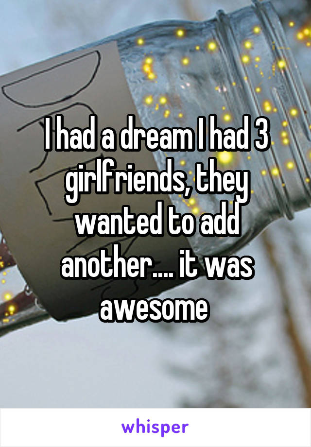 I had a dream I had 3 girlfriends, they wanted to add another.... it was awesome 