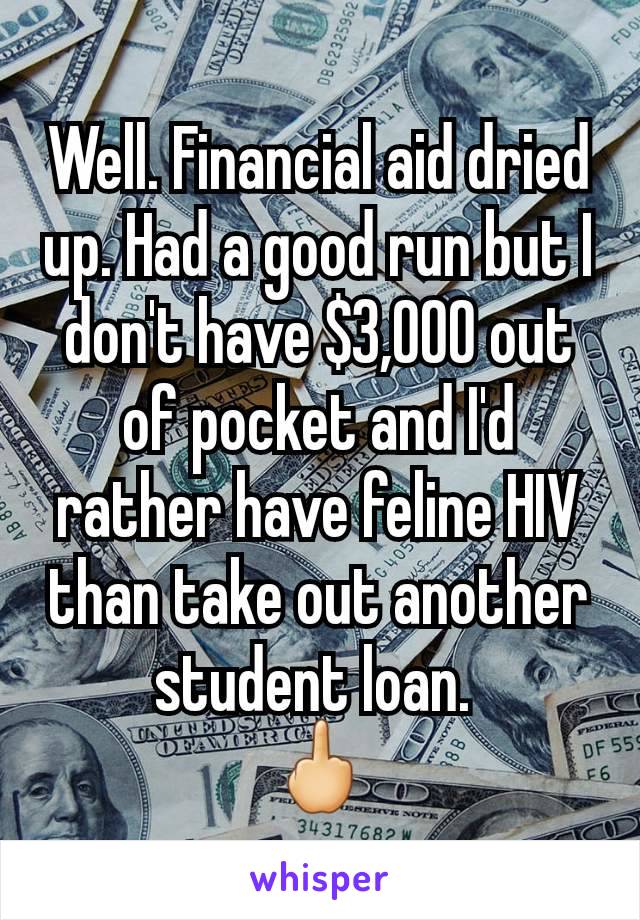 Well. Financial aid dried up. Had a good run but I don't have $3,000 out of pocket and I'd rather have feline HIV than take out another student loan. 
🖕