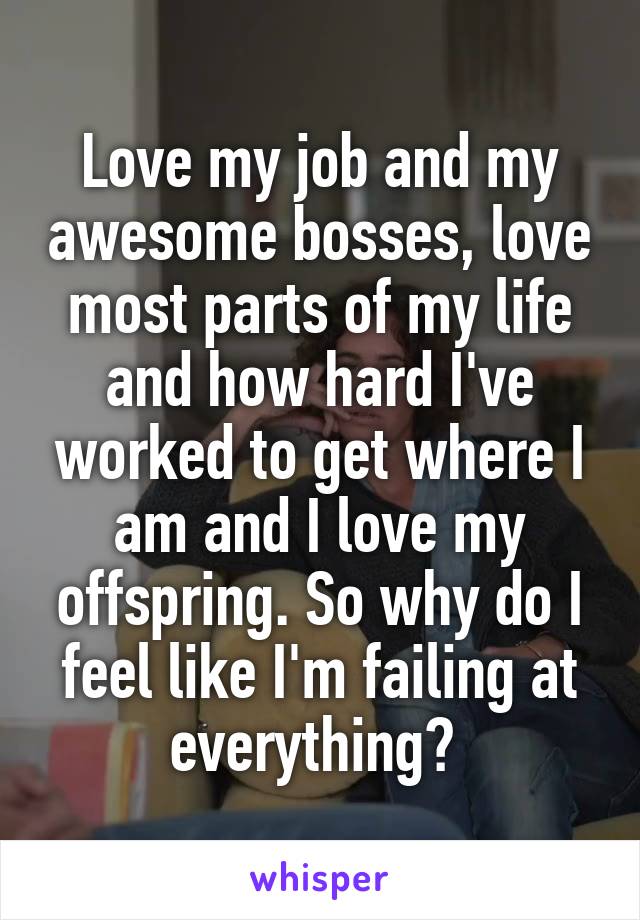 Love my job and my awesome bosses, love most parts of my life and how hard I've worked to get where I am and I love my offspring. So why do I feel like I'm failing at everything? 