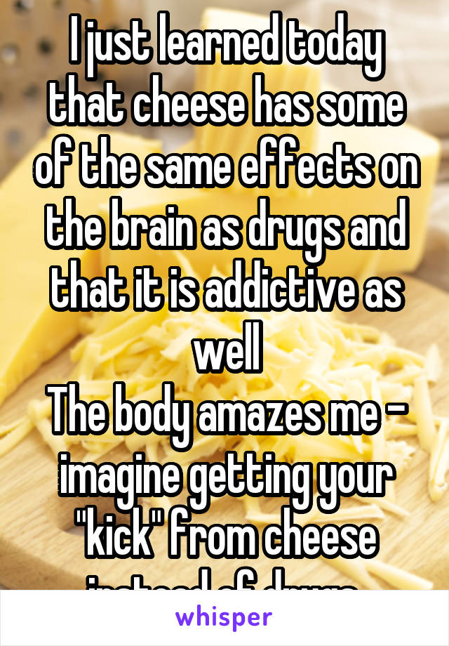 I just learned today that cheese has some of the same effects on the brain as drugs and that it is addictive as well
The body amazes me - imagine getting your "kick" from cheese instead of drugs 